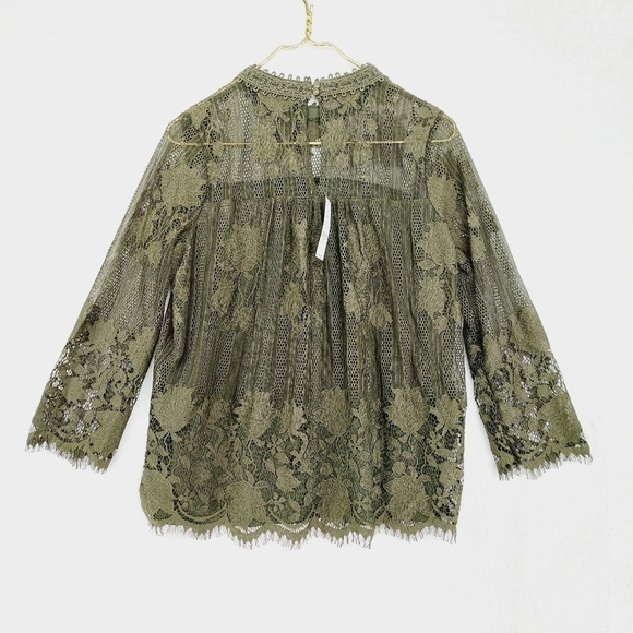 New York & Company Green Lace Floral Long Sleeve Mock Neck Blouse 2484 - Picture 4 of 9